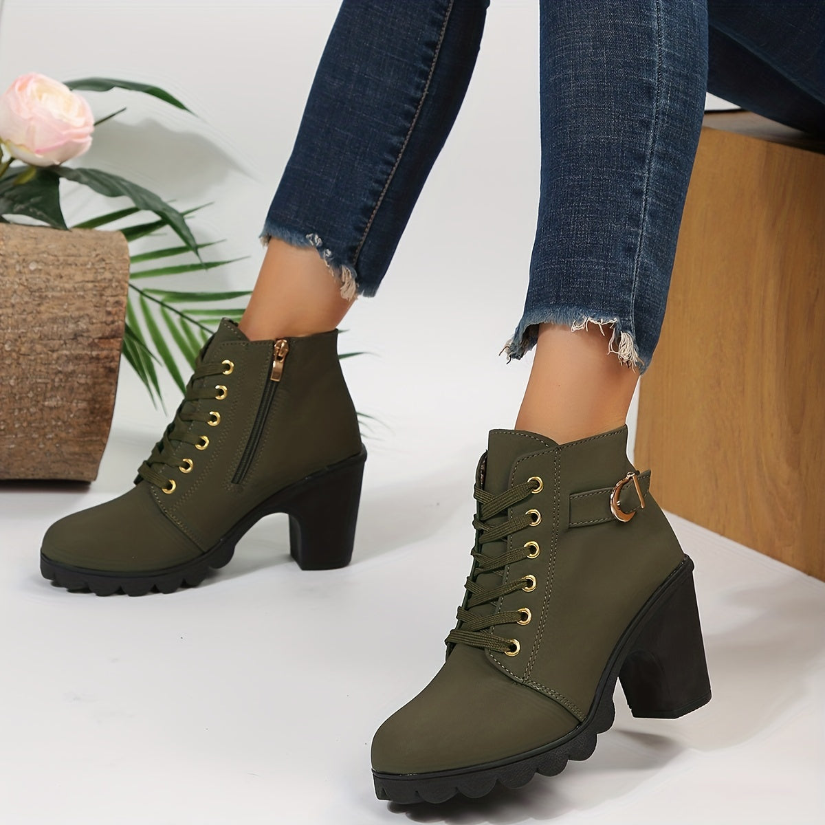 Women's Lace-Front Zip-Side Ankle Boots with Raised Block Heel