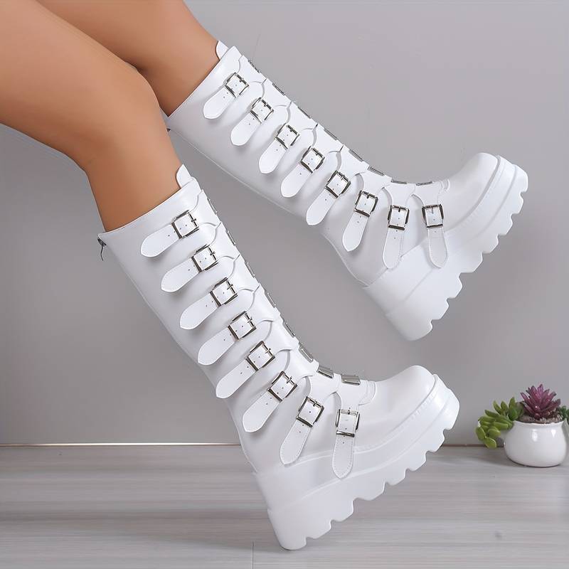 Women's Festival-Ready Buckle-Strap Tall Boots on a Lugged Platform - White