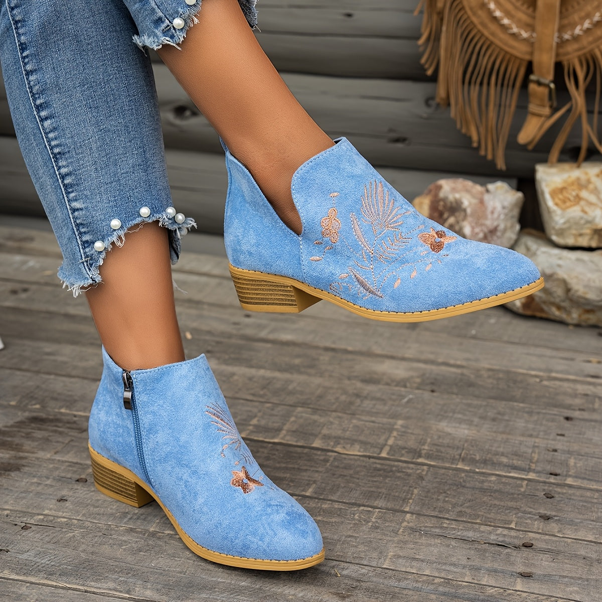Women's Pointed V-Cut Ankle Boots with Stitched Embroidery
