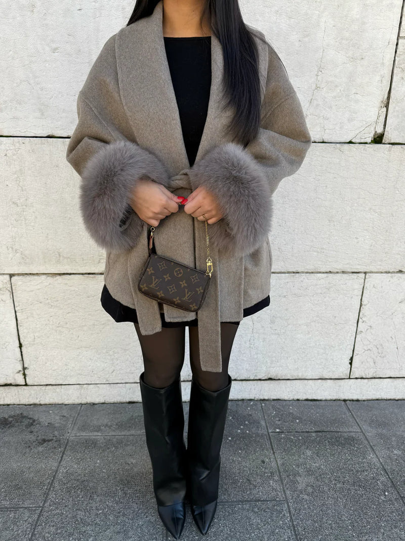 Women's Fur-Trim Cuff Wool Coat with Wide Shawl Collar and Tie Belt - Grey