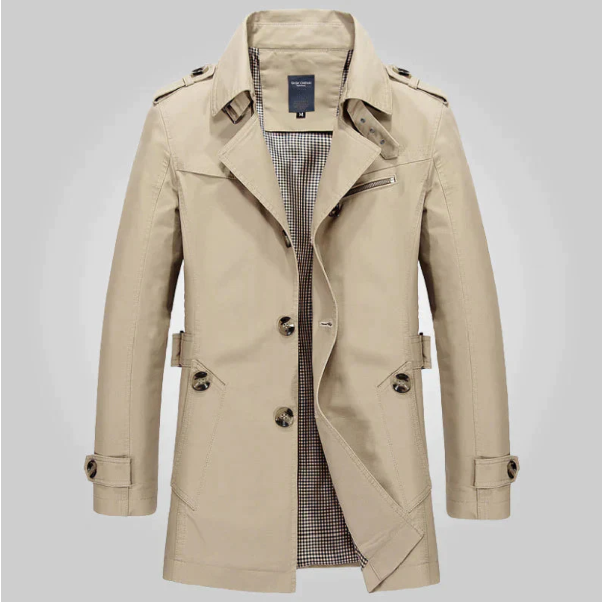 Men's Mid-Length Epaulette Trench Coat with Side Pockets - Beige