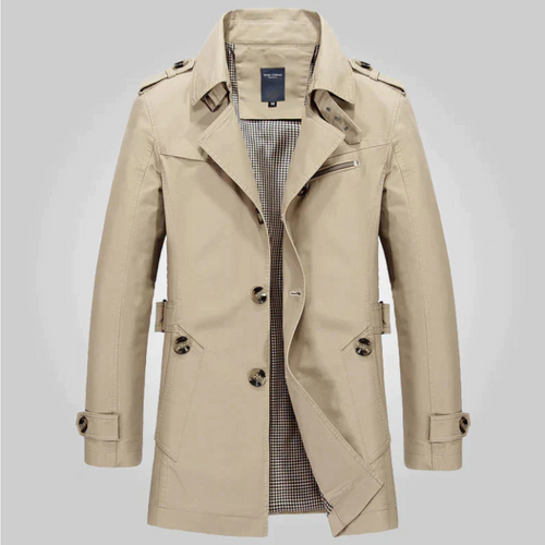 Men's Mid-Length Epaulette Trench Coat with Side Pockets - Beige
