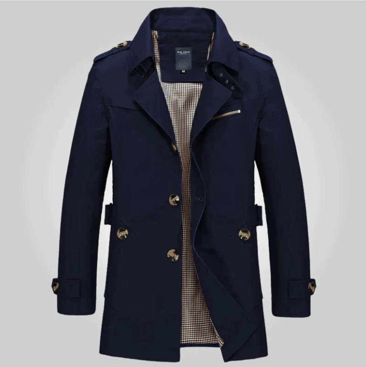 Men's Mid-Length Epaulette Trench Coat with Side Pockets - Navy Blue