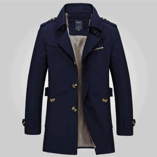 Men's Mid-Length Epaulette Trench Coat with Side Pockets - Navy Blue