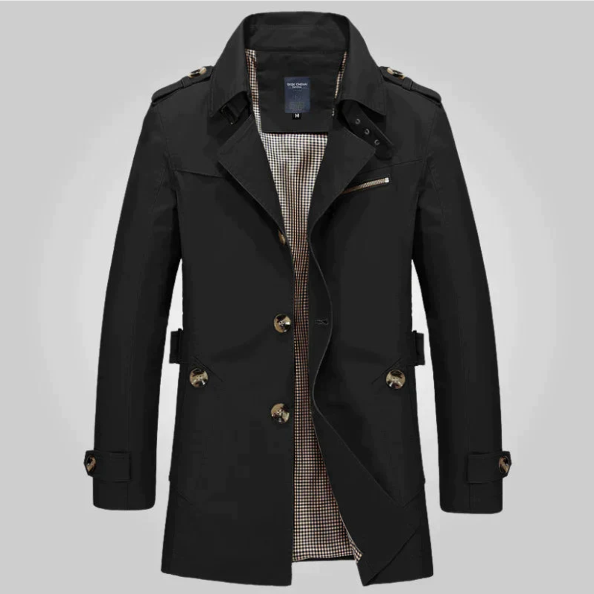 Men's Mid-Length Epaulette Trench Coat with Side Pockets - Black
