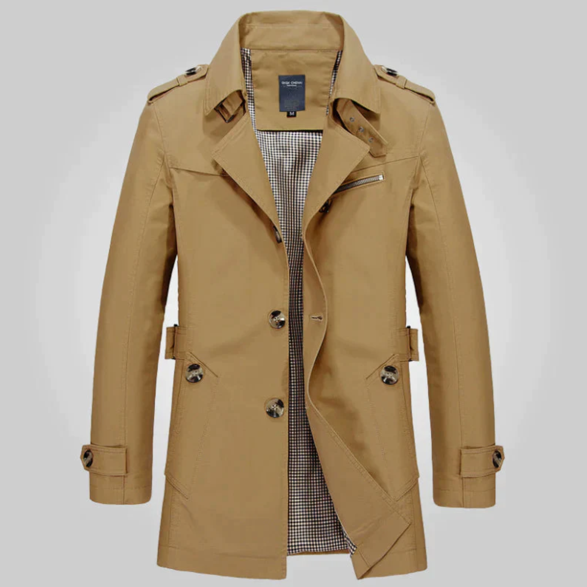 Men's Mid-Length Epaulette Trench Coat with Side Pockets - Khaki