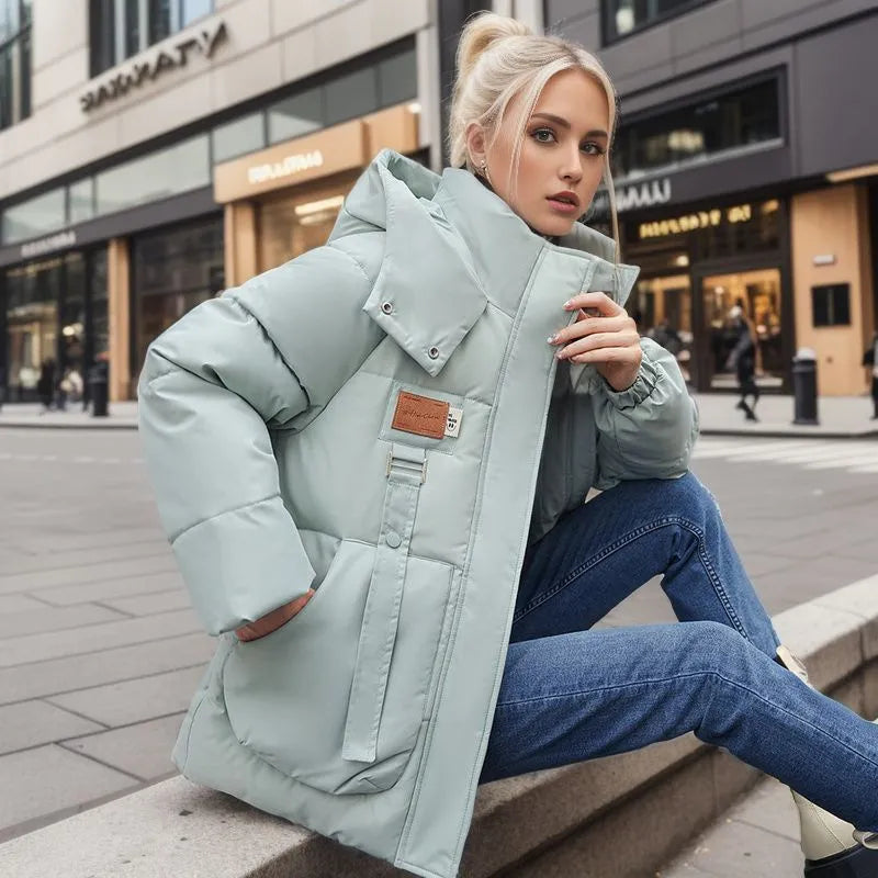 Women's High-Neck Puffer Coat with Hood and Oversized Utility Pockets - Sage Green
