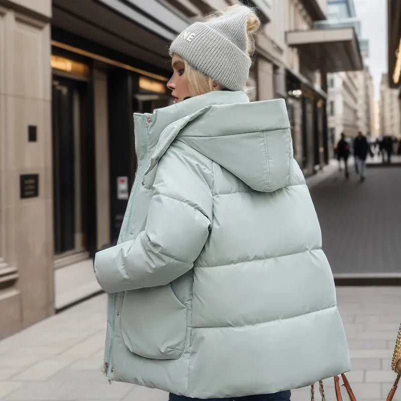Women's High-Neck Puffer Coat with Hood and Oversized Utility Pockets