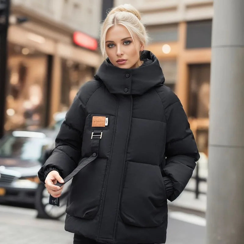 Women's High-Neck Puffer Coat with Hood and Oversized Utility Pockets - Black