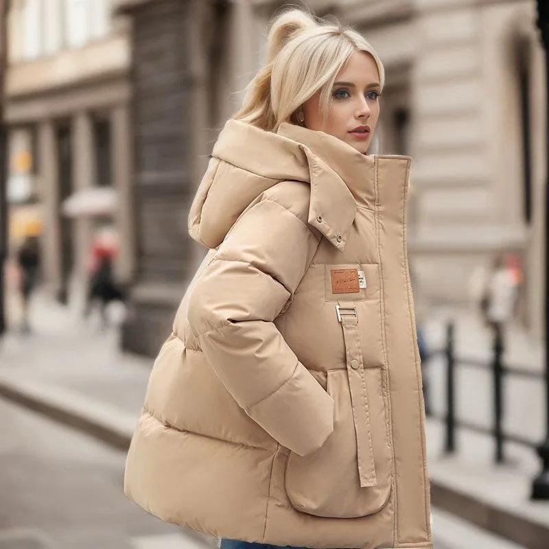 Women's High-Neck Puffer Coat with Hood and Oversized Utility Pockets - Khaki