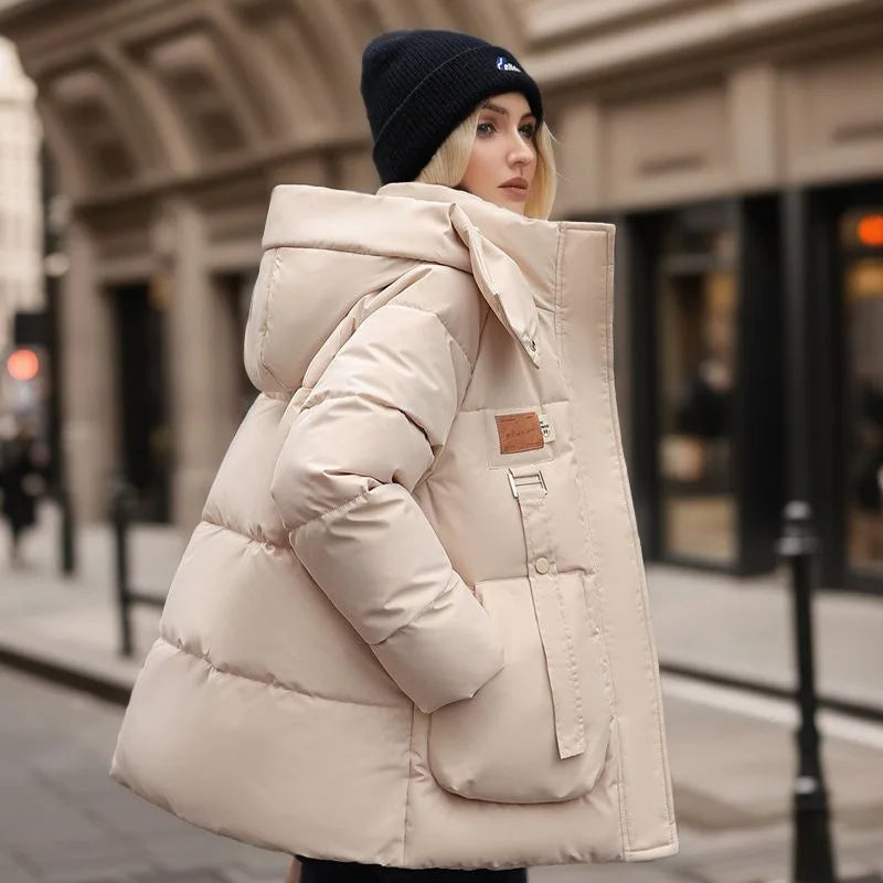 Women's High-Neck Puffer Coat with Hood and Oversized Utility Pockets - Beige