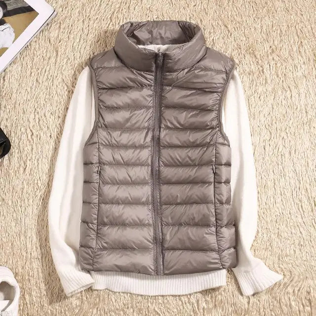 Women's Light-Padded Quilted Gilet with Tall Stand Collar - Khaki