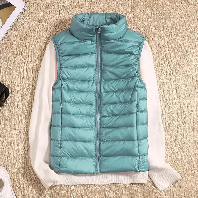 Women's Light-Padded Quilted Gilet with Tall Stand Collar - Light Blue