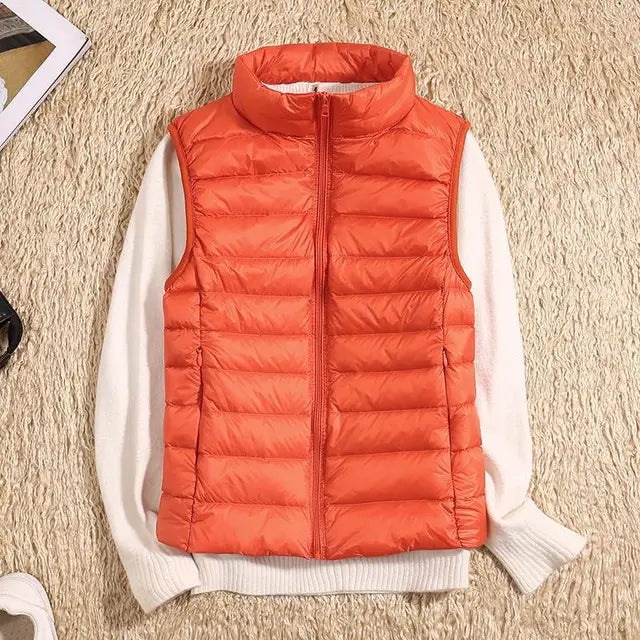 Women's Light-Padded Quilted Gilet with Tall Stand Collar - Orange