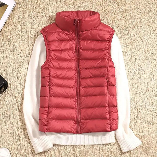 Women's Light-Padded Quilted Gilet with Tall Stand Collar - Red