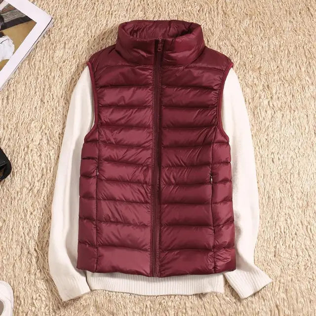 Women's Light-Padded Quilted Gilet with Tall Stand Collar - Wine Red