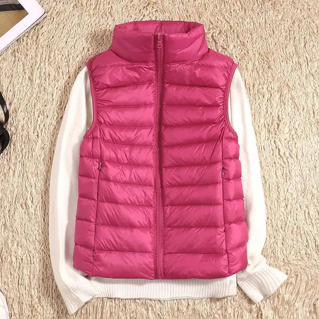 Women's Light-Padded Quilted Gilet with Tall Stand Collar - Dark Pink