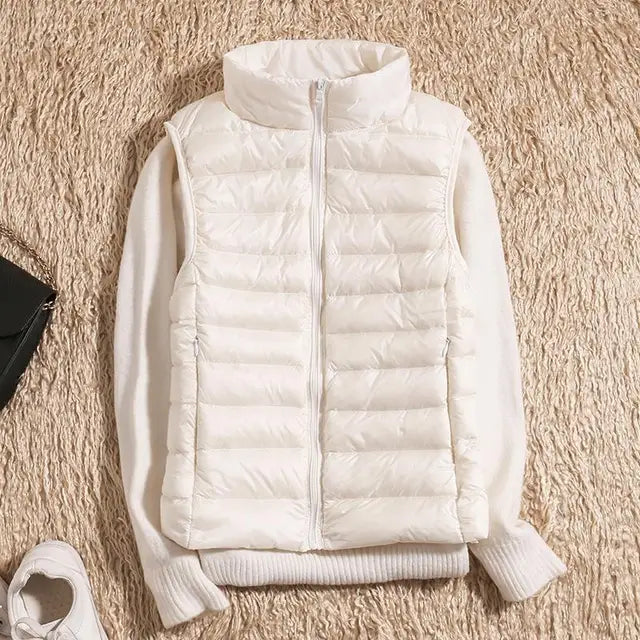 Women's Light-Padded Quilted Gilet with Tall Stand Collar - White