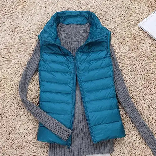 Women's Light-Padded Quilted Gilet with Tall Stand Collar - Blue