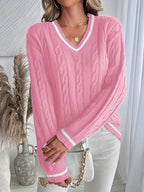 Women's Drop-Shoulder V-Neck Cable Jumper with Striped Trims