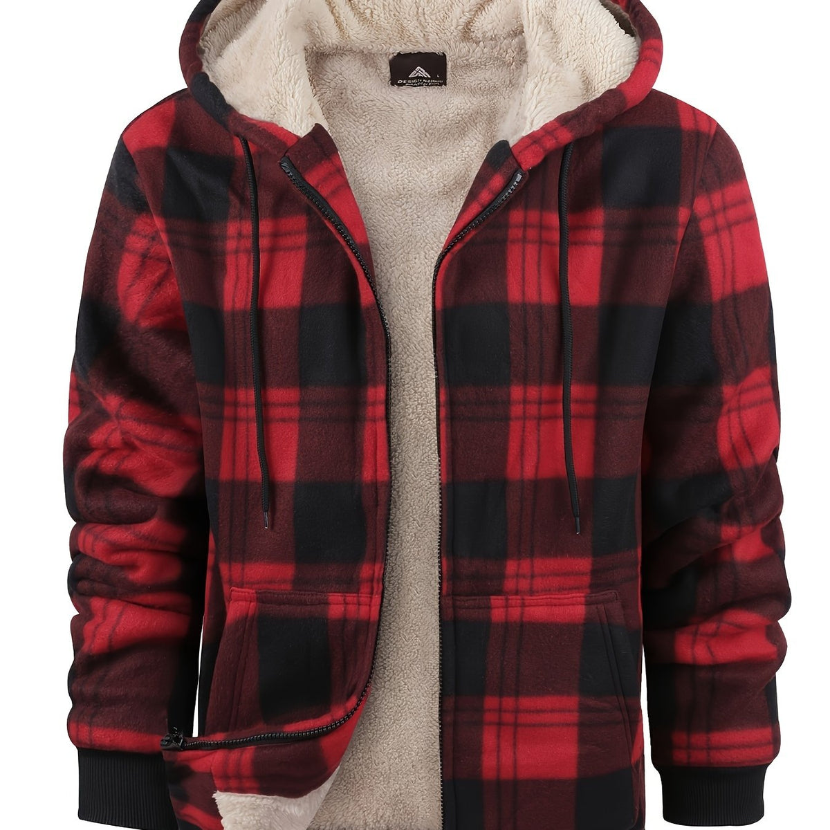 Men's Easy-Fit Hooded Jacket with Plush Lining and Front Pockets - Black & White Plaid