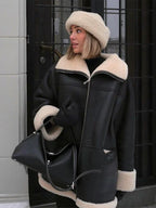 Women's Shearling-Style Lined Faux Leather Jacket with Turn-Back Cuffs - Black