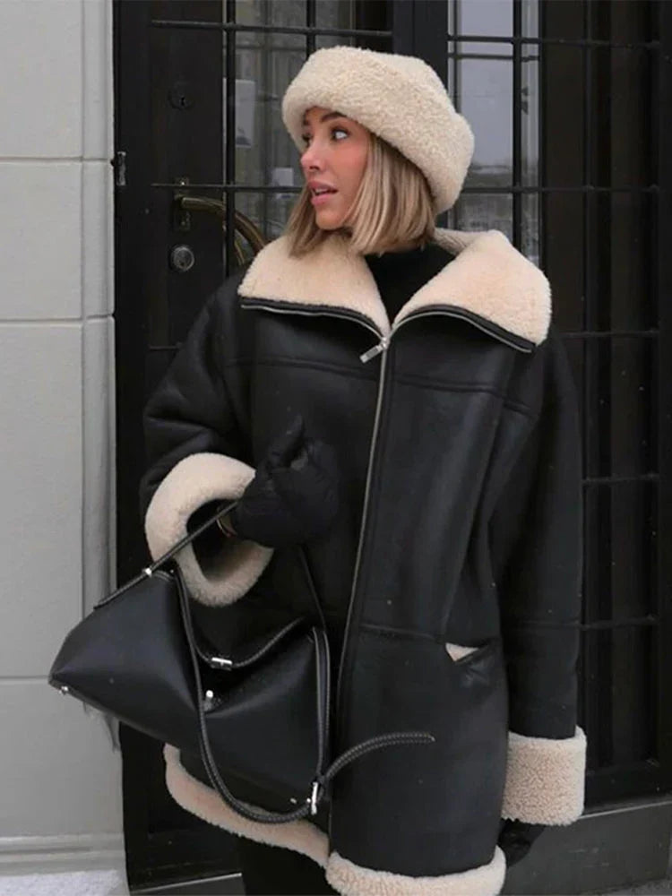Women's Shearling-Style Lined Faux Leather Jacket with Turn-Back Cuffs - Black
