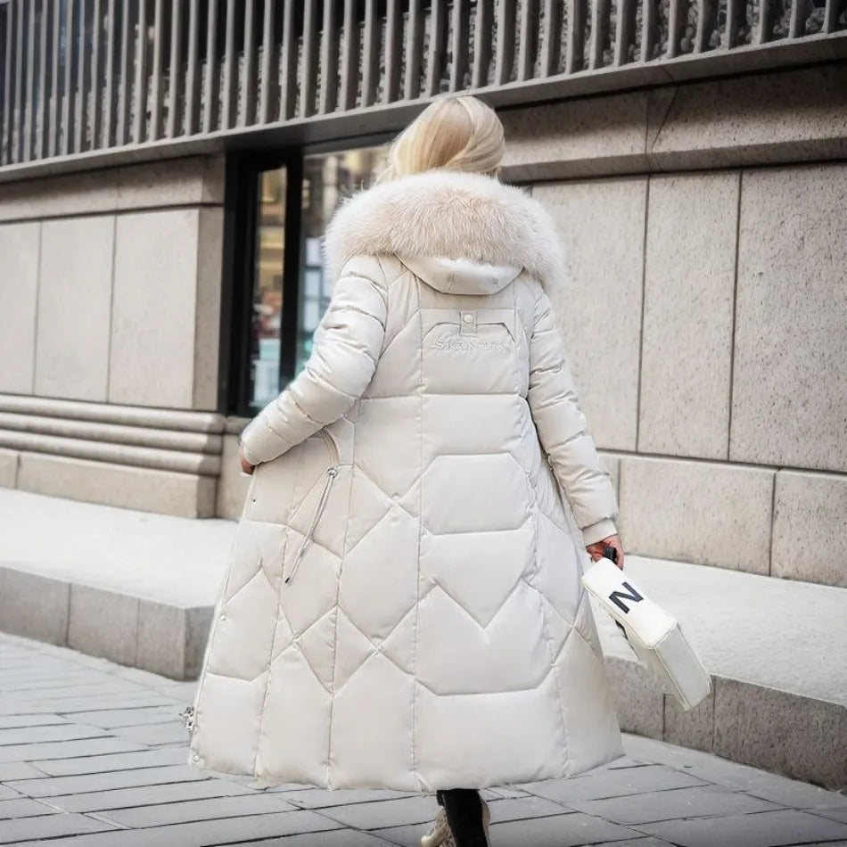 Women's Quilted Maxi Puffer Coat with Fur-Trim Hood and Front Pockets
