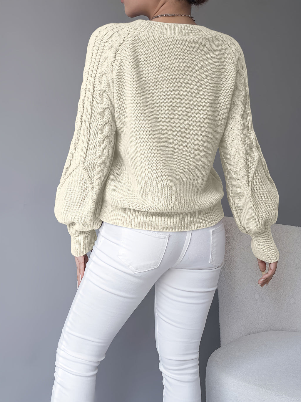 Women's Cable-Knit Jumper with Gathered Lantern Sleeves