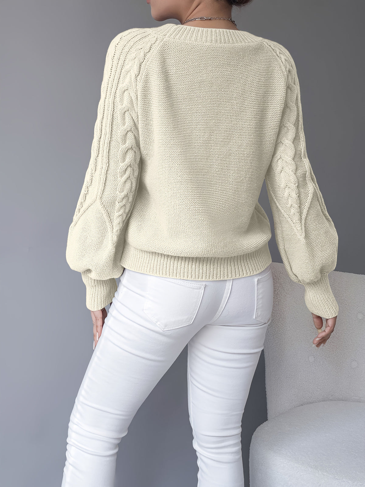 Women's Cable-Knit Jumper with Gathered Lantern Sleeves