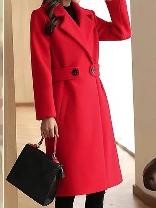 Women's Longline Smart Coat with Cinch Belt and Broad Lapels - Red
