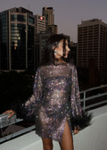 Women's Lightweight Metallic Mini Dress with Feathered Sleeve Ends - Black