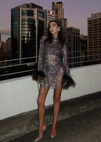 Women's Lightweight Metallic Mini Dress with Feathered Sleeve Ends