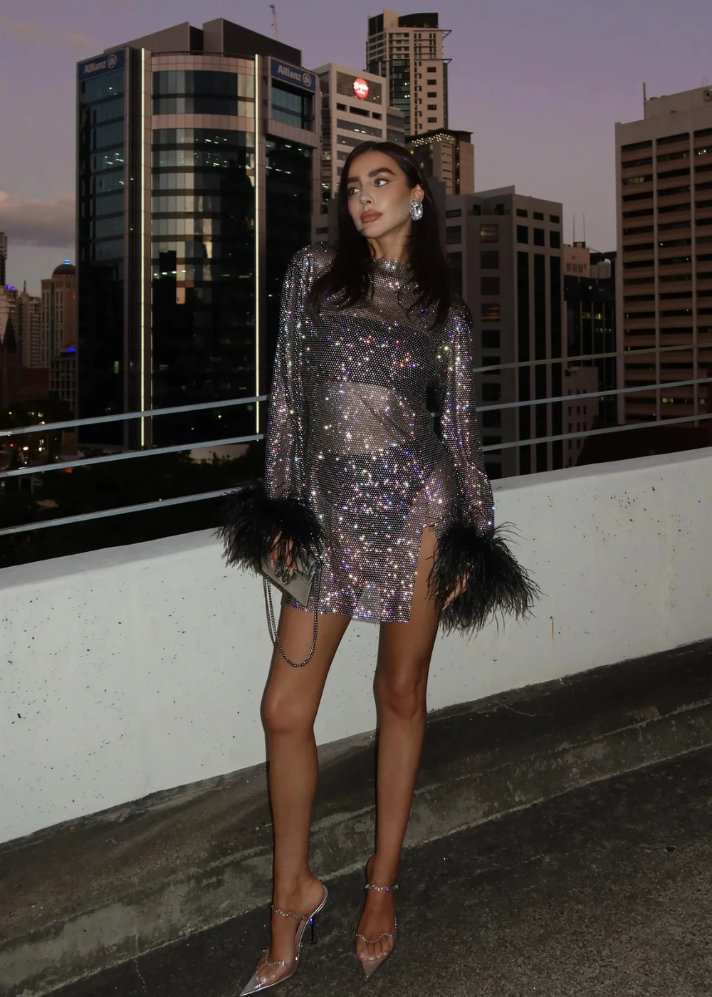 Women's Lightweight Metallic Mini Dress with Feathered Sleeve Ends