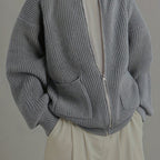 Men's Loose Drop-Shoulder Textured Cardigan with Zip Front - Grey