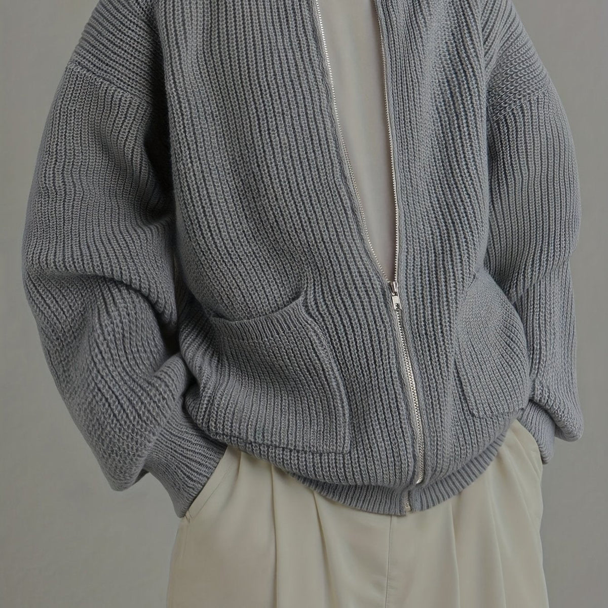 Men's Loose Drop-Shoulder Textured Cardigan with Zip Front - Grey