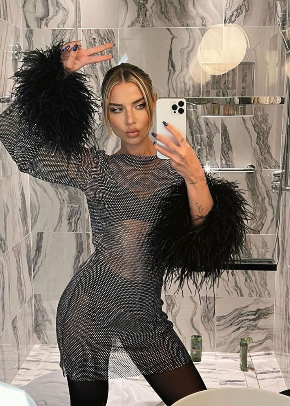 Women's Lightweight Metallic Mini Dress with Feathered Sleeve Ends