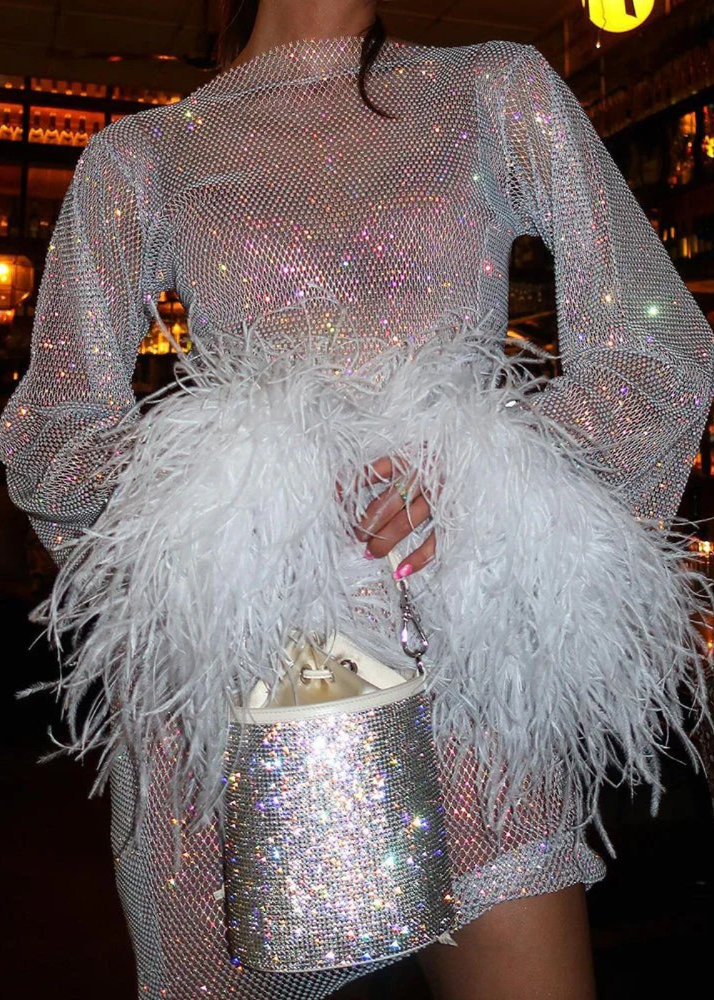 Women's Lightweight Metallic Mini Dress with Feathered Sleeve Ends