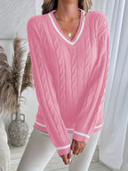 Women's Drop-Shoulder V-Neck Cable Jumper with Striped Trims