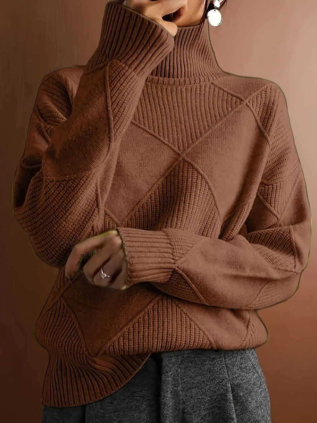 Women's Relaxed High Neck Jumper with Diamond Knit Pattern