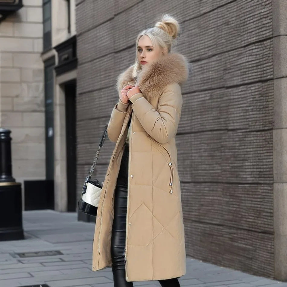 Women's Quilted Maxi Puffer Coat with Fur-Trim Hood and Front Pockets - Khaki