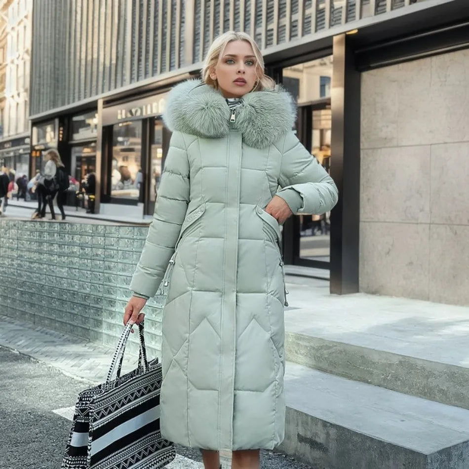 Women's Quilted Maxi Puffer Coat with Fur-Trim Hood and Front Pockets - Sage Green