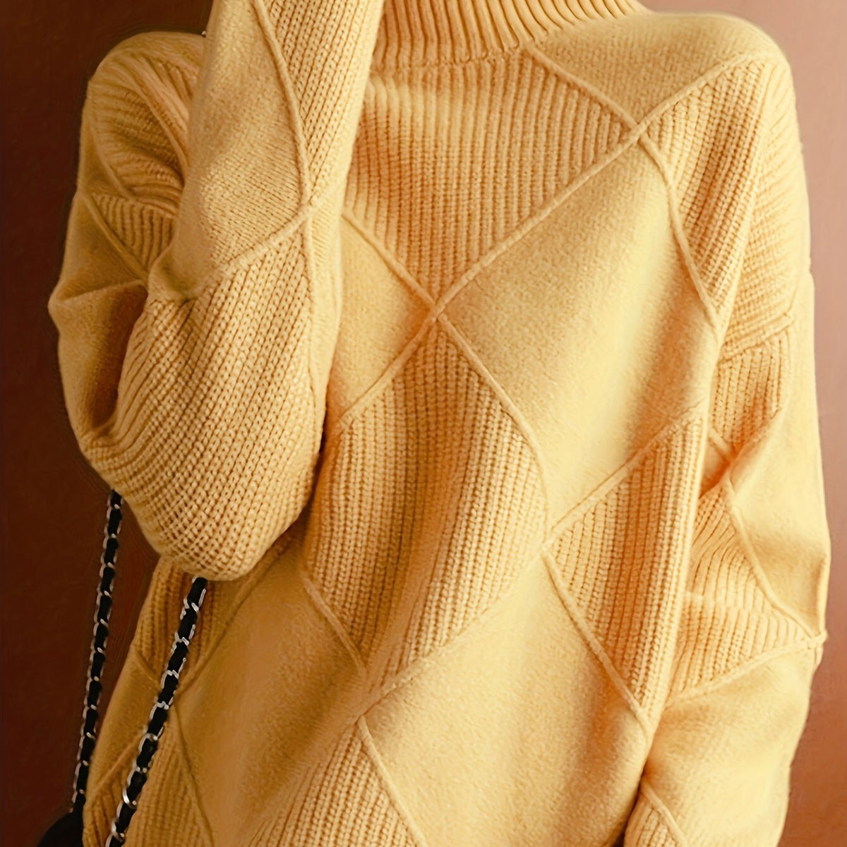 Women's Relaxed High Neck Jumper with Diamond Knit Pattern - Yellow