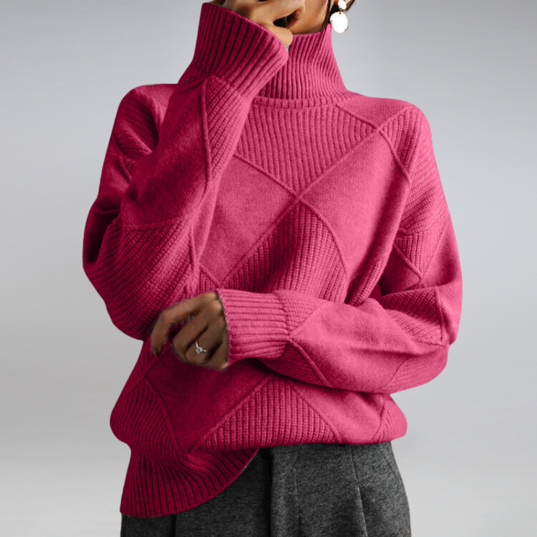 Women's Diamond Motif Roll Neck Jumper in Breathable Wool Blend - Pink