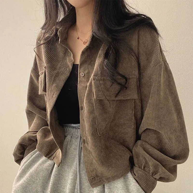 Women's Relaxed Pointed-Collar Corduroy Overshirt - Brown