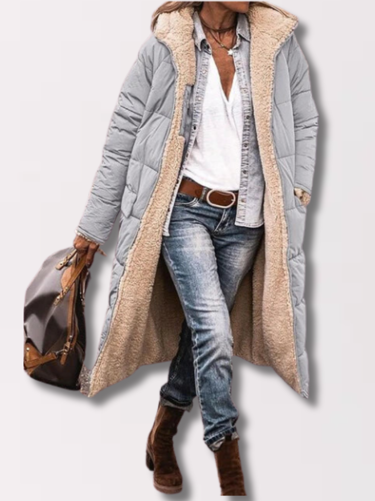 Women's Plush Sherpa Toggle-Fastening Coat with Hood - Grey