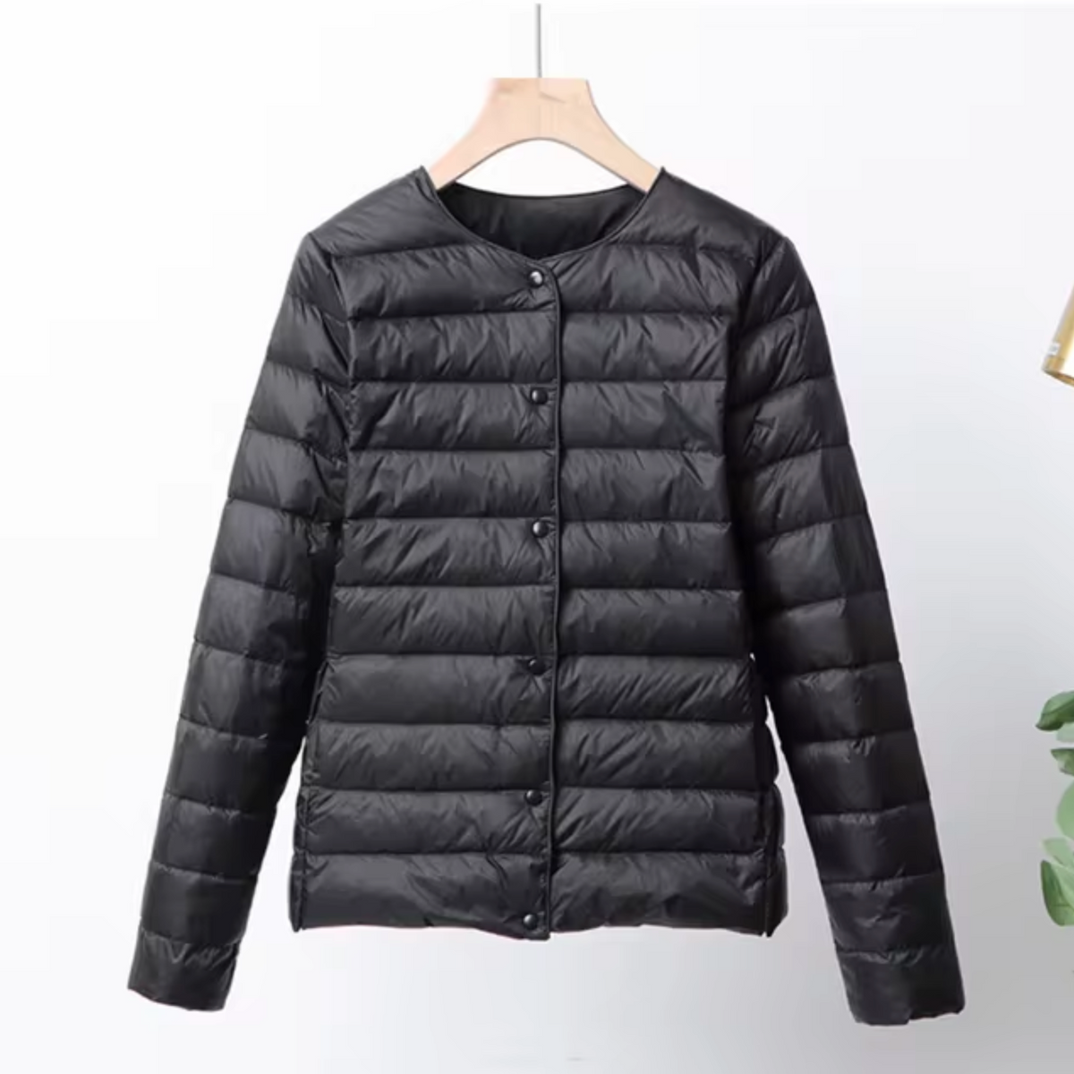 Women's Narrow-Quilted Collarless Down Layering Jacket - Black