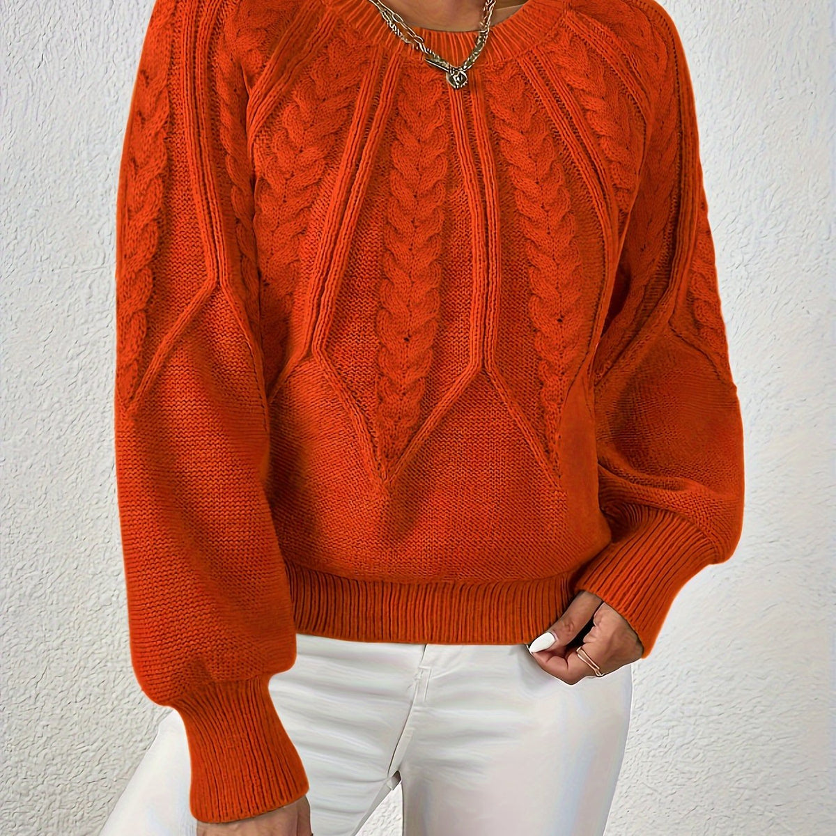 Women's Everyday Raglan Cable-Knit Jumper with Round Neckline - Orange Red
