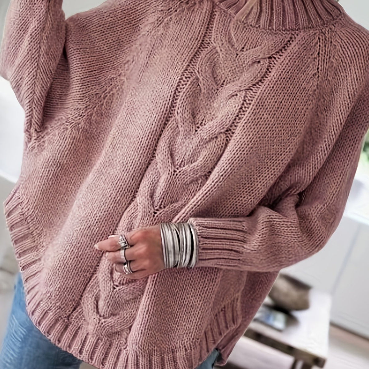 Women's Funnel Neck Thick-Knit Jumper with Cable Stitching - Pale Pinkish Grey