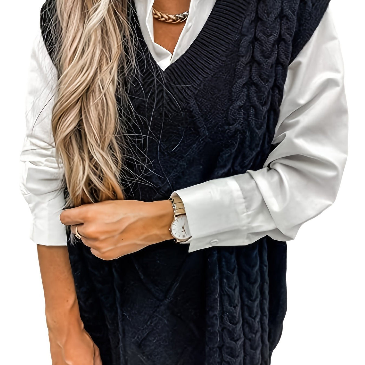 Women's Sleeveless Cable Knit Layering Slipover with V-Neck - Black